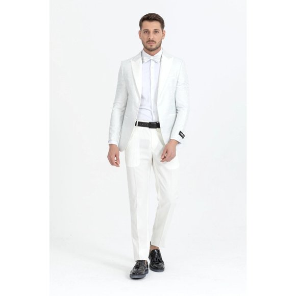 Derman White Floral Pattern Textured Fabric Tuxedo - Picture 2 of 7